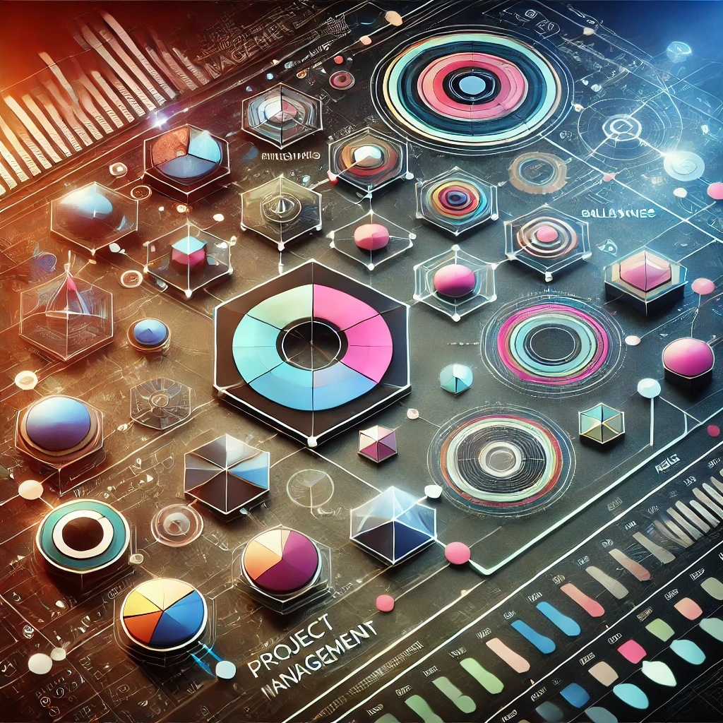 An abstract representation of project management with interconnected geometric shapes, arrows, and timelines, symbolizing various project phases such as tasks, milestones, and risks. The colorful elements highlight communication, planning, and strategy within a futuristic and creative setting.